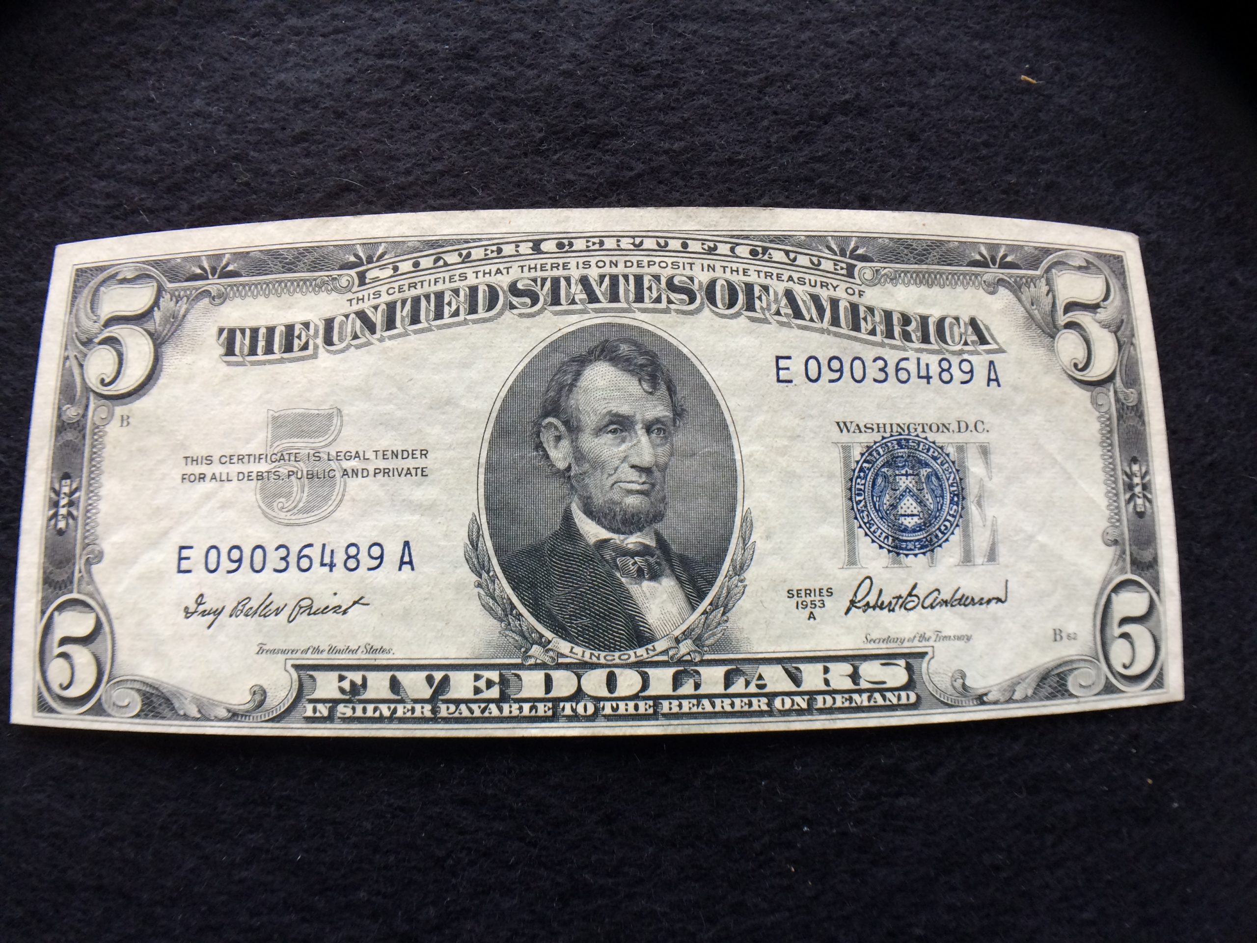 United States $5 1953 Silver Certificate S/N E09036489A Amherst Antiques